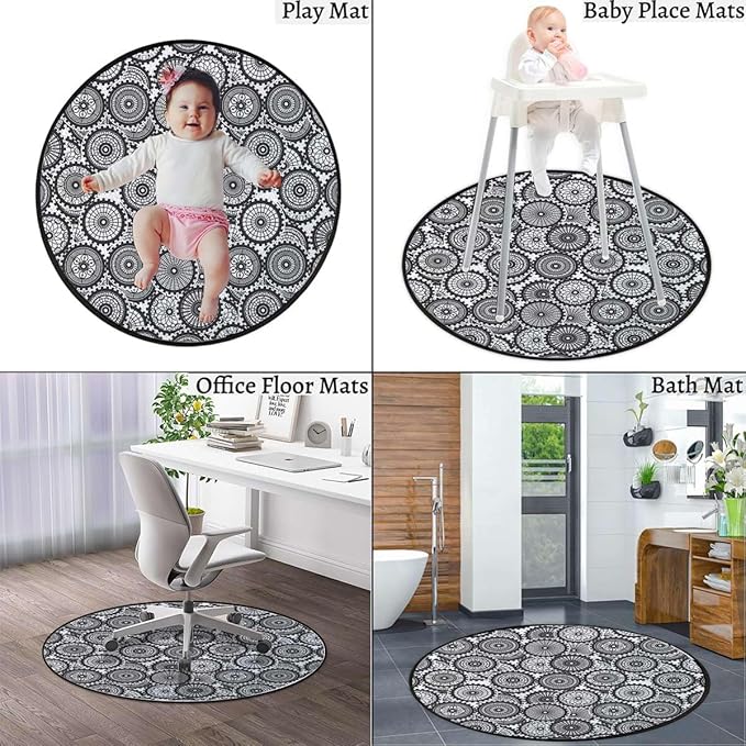 Lilac Black Gray Round Rug Contemporary Modern Boxes Easy Cleaning for Home OfficeLiving RoomBedroomKitchen Non Shedding Area Rug Round Shape Leaves Balls Floral Diameter 55 in