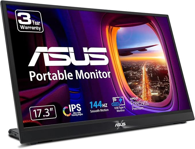 ASUS (MB17AHG ZenScreen 17” 1080P Portable USB Monitor - Full HD IPS 144Hz USB Type-C FreeSync Premium Eye Care L-Shaped Kickstand Tripod Mountable HDMI FSC Certified 3-Year WarrantyBlack