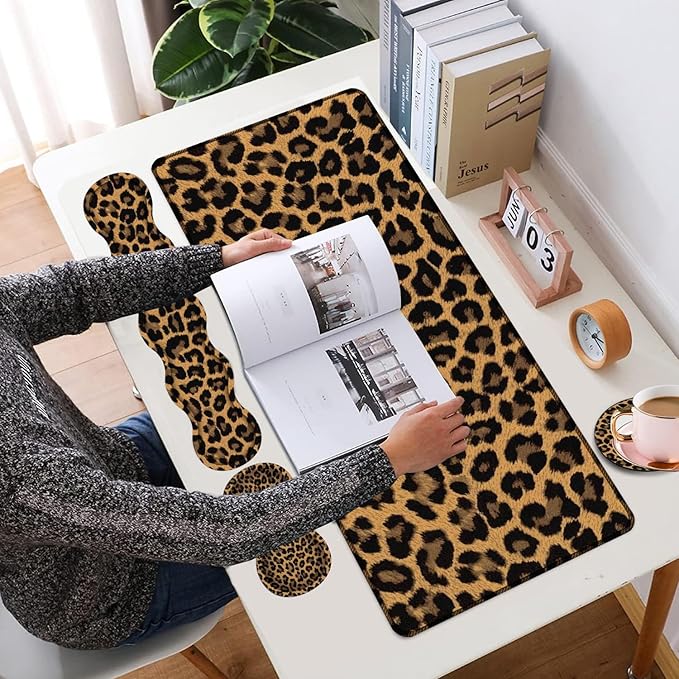 4 in 1 Mouse Pad Combo Large Gaming Mouse Pad + Keyboard Wrist Support + Mouse Wrist Rest + Coaster Table Pad with Stitched Edge Memory Foam Ergonomic Wrist Pad Set Leopard Print