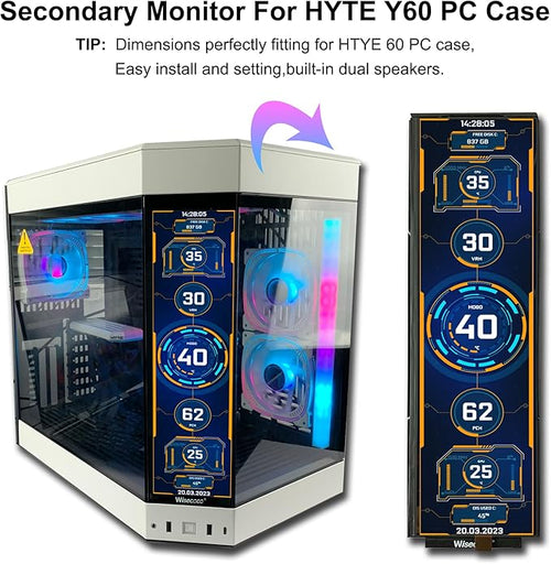 12.6 Inch Bar LCD Screen HDMI Display Monitor 1920x515 IPS DIY Kits Dual Built-in Speakers for Hyte Y60 Computer Gaming PC Case CPU GPU Secondary Monitor Easy Install Black