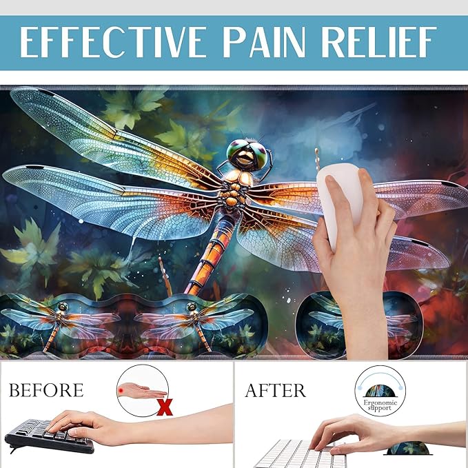 4 in 1 Mouse Pad Combo Large Gaming Mouse Pad + Keyboard Wrist Support + Mouse Wrist Rest + Coaster Table Pad with Stitched Edge Ergonomic Wrist Pad Set Art Dragonfly