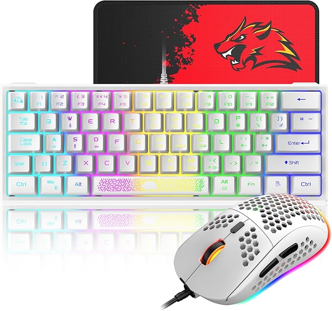 60% Gaming Keyboard and Mouse Combo Samll Mini RGB LED Backlight Mechanical Feeling and RGB 6400 DPI Honeycomb Optical MouseGaming Mouse pad for Gamers and Typists