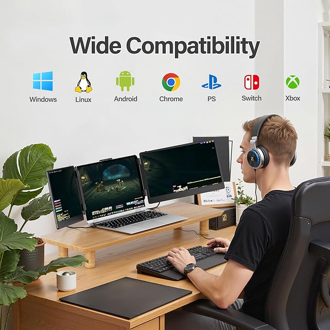Laptop Screen Extender 14'' FHD 1080P IPS Ultra-Thin Dual/Triple Monitor Display HDMI/USB-C Plug-Play Portable Monitor for Laptop Built-in Speakers(Mac Win Android)