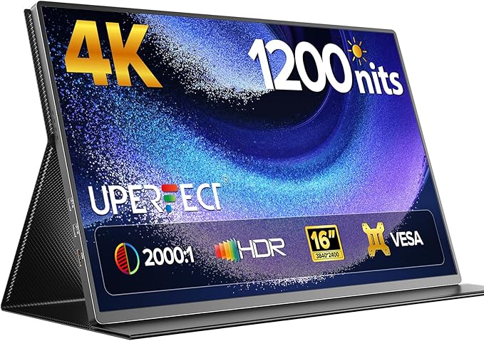 UPERFECT Portable Monitor 4K 16 | 1200 Nits Laptop Monitor | 3840 * 2400 UHD | 1MS FreeSync 2000:1 Contrast | USB-C &amp HDMI | VESA &amp Smart Case | Travel Screen for Computer Mini PC Game Cons