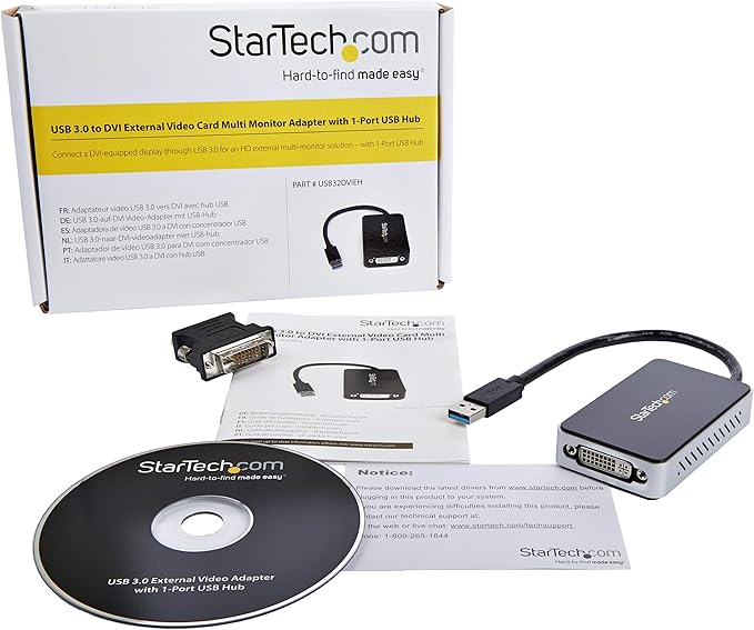 StarTech.com USB 3.0 to DVI Adapter with 1 Port USB Hub - 1920x1200 - External Video &amp Graphics Card - Dual Monitor Display Adapter - Supports Windows (USB32DVIEH)