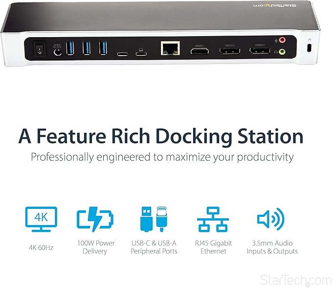StarTech.com USB-C Triple Monitor Docking Station for MacBook Pro / Air M1 M2 M3 M4 &amp Windows Universal 4K HDMI DP Dock Thunderbolt Compatible 100W Laptop Charging - TAA Black Silver