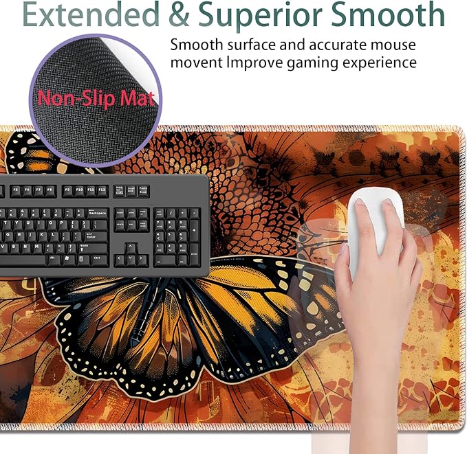 Large Gaming Mouse Pad + Keyboard Wrist Rest + Wrist Support + Coaster Set Memory Foam Ergonomic for Easy Typing XXL Extended Gaming Mouse Pad Table Pad - Sunflower and Butterfly