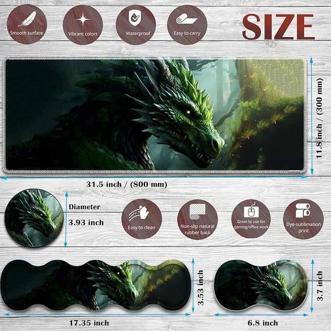 Gaming Mouse Pad Set Large Gaming Mouse Pad+Keyboard Wrist Rest+Mouse Wrist Rest+Coaster Easy Typing Pain Relief 31.5 × 11.8 inch Desk Mat for Home Office - Forest Green Dragon
