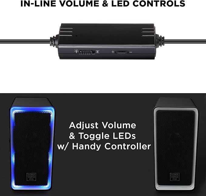 GOgroove Gaming Computer Speakers with Blue LED Light - SonaVERSE O2i Speakers for Desktop Laptop PC - USB Speaker 2.0 with AUX Input in-Line Volume Control Bass Stereo Sound 14W (Black)