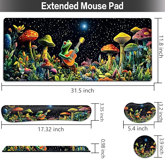 Large Mouse pad and Keyboard Support Set Ergonomic Memory Foam Keyboard Wrist Rest Extended Gaming Mouse Pad with Stitched Edges Night Moon Mushroom Guitar Frog XXL Desk Mat