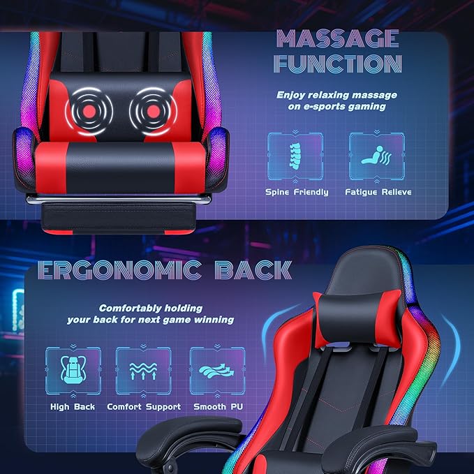 Furmax Gaming Chair with RGB LED Lights Video Game Chair with Footrest and Massage Lumbar Support High Back Reclining Computer Chair with Headrest Swivel Seat Gamer Chair (LED Red)
