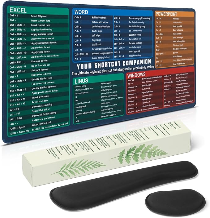 Excel Cheat Sheet Mouse Pad Set | 3-Piece XXL Ergonomic Desk Mat with Wrist Rest for Office &amp Gaming(Army Green)
