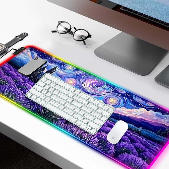 RGB Fantasy Starry Night Lavender Field Gaming Desk Mat Computer Keyboard Large Extended Long Floral LED Mouse Pad for Office and Home XL (W27)