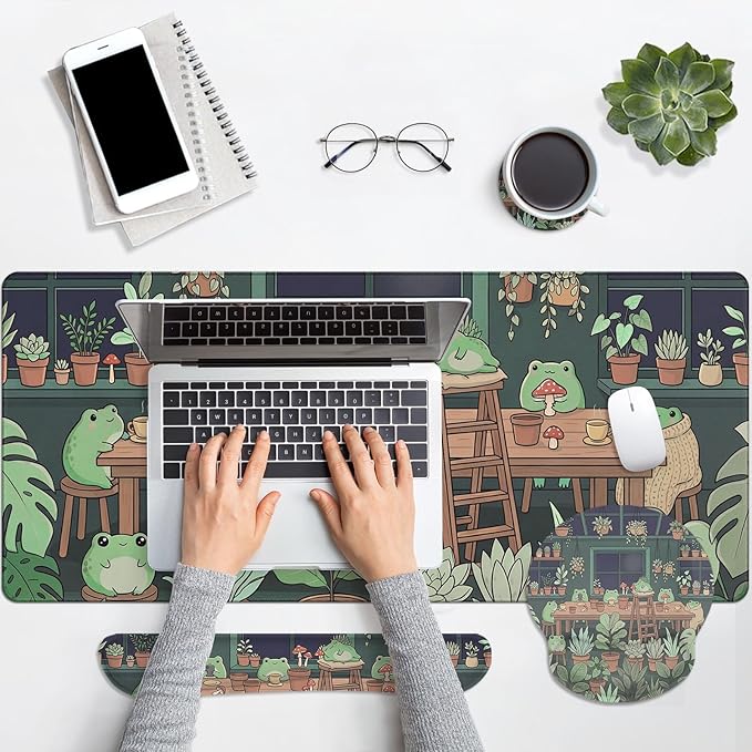 Britimes Cute Frog Summer Keyboard Mouse Pad Set Kawaii Green 4in1 Large Mousepad+Keyboard Wrist Rest+Mouse Wrist Rest+Coaster Ergonomic Design for Home Office Computer 35.4x15.7 inches