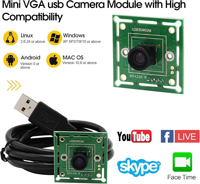 ELP VGA Super Mini Wide Angle USB Camera Module with 120degree Lens High Speed 480P 60fps UVC USB2.0 Video Webcam Board OV7725 Embedded Industrial PC Camera for Laptop Raspberry Pi Jetson Nano