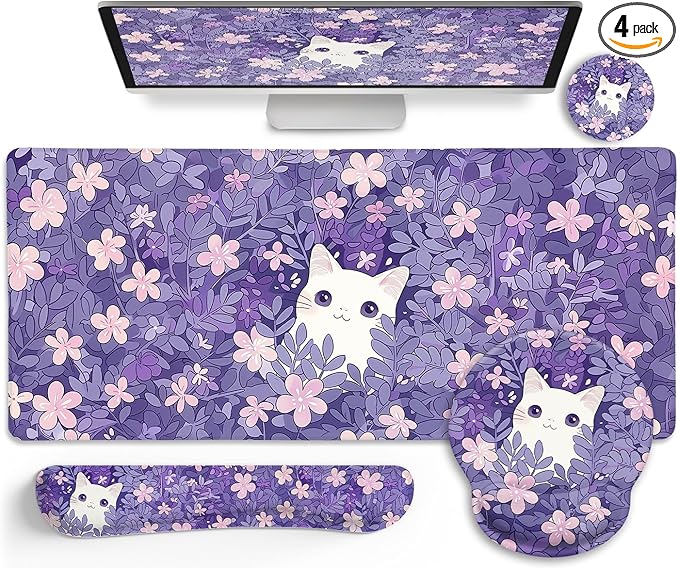Purple Mouse Pad Large Desk Mat Set Kawaii Cat Computer Mouse Pad with Wrist Rest Keyboard Wrist Support XXL Mousepad Cup Coaster Set Cute Purple Office Desk Accessories Cat Decor Supplies