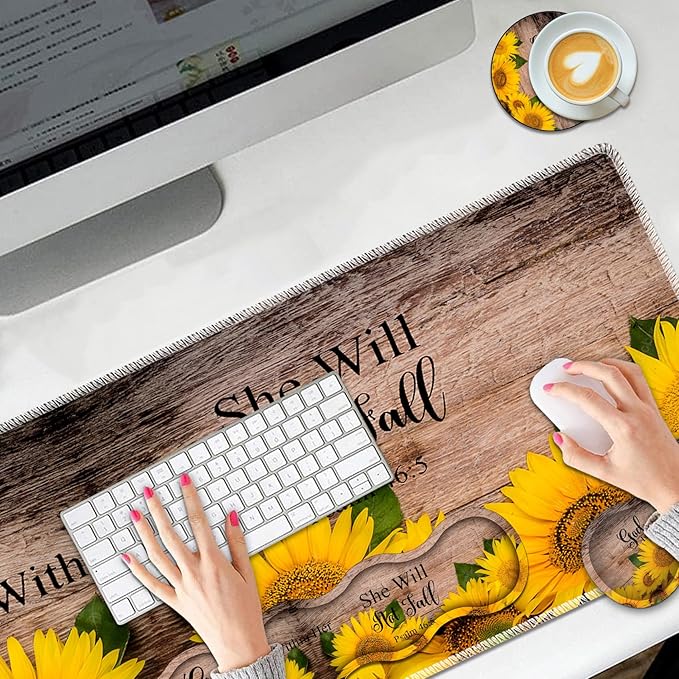 Large Mouse Pad Set Desktop Mouse Pad + Keyboard Wrist Pad + Mouse Wrist Pad + Coaster Ergonomic Memory Foam Multi-functional Desk Mat - Psalm 46:5 Sunflower