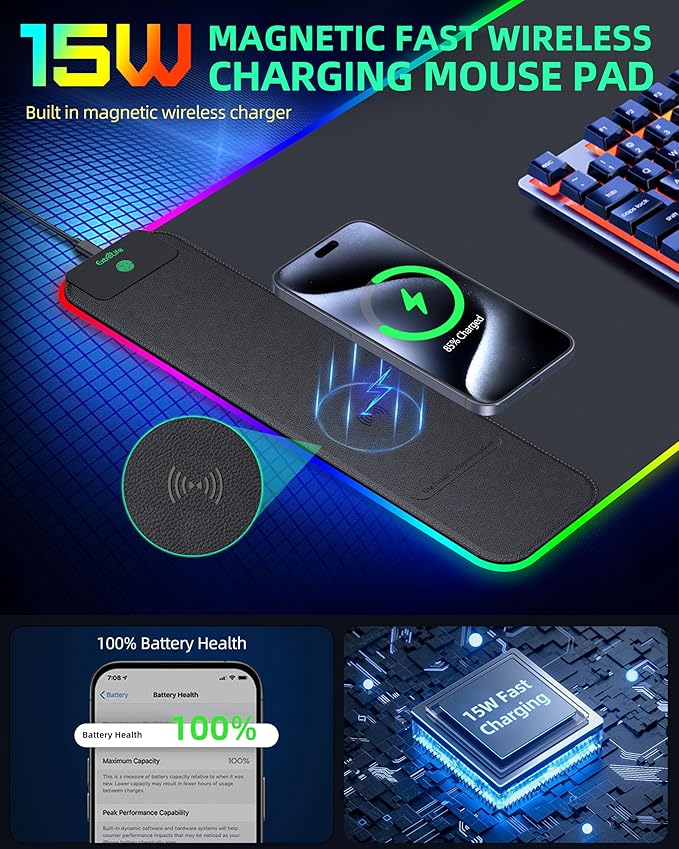 Wireless Charging Mouse Pad RGB Gaming Desk Mat 31.5x15.7 Large XXL Desk Pad 15 Lighting Modes Ultra-Smooth Surface Non-Slip Mouse Mat Waterproof Computer Keyboard Pad for Desk Office Black