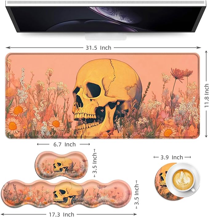 Keyboard Mouse Pad Set Extended Gaming Mouse Pad+Ergonomics Keyboard Wrist Rest Support Memory Foam Easy Typing Pain Relief 4Pcs XL Ultra Thick Desk MatSkull in Flower Field