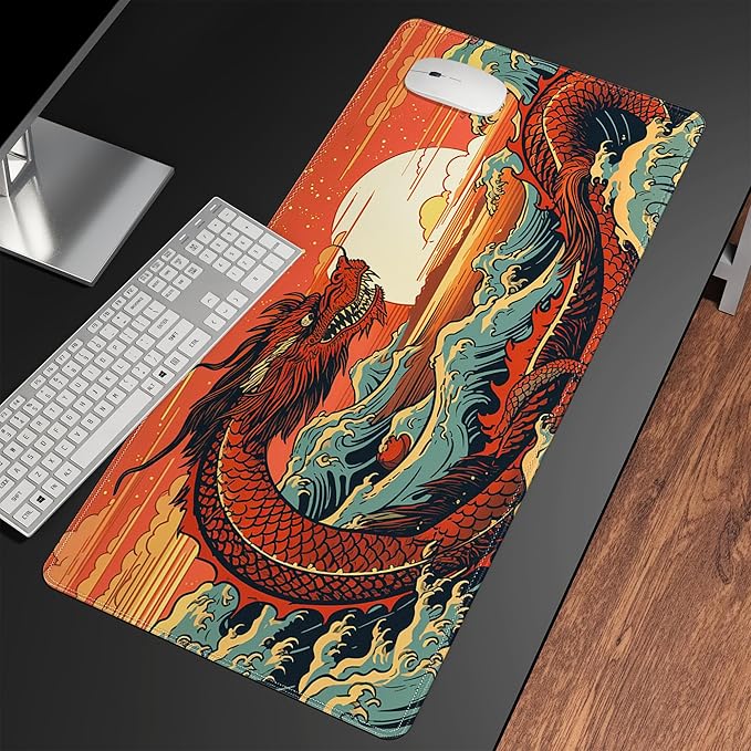 Wave Sea Dragon Gaming Mouse PadAnime Mouse Pad Gaming 31.5 x 15.7 in Mouse Mat Desk PadExtended Keyboard Pad Large Desk Mat Mousepad with Non-Slip Base and Stitched Edge for Office Home