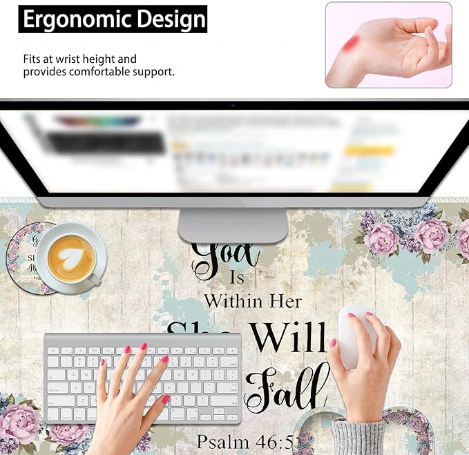 3-in-1 Large Mouse Pad Gaming Set (31.5 x 11.8 inch)+ Wrist Rest Pad + Coaster Memory Foam Gel Wrist Rest Pad for Pain Relief Stitched Edges Non-Slip Table Mat Psalm 46:5 Floral