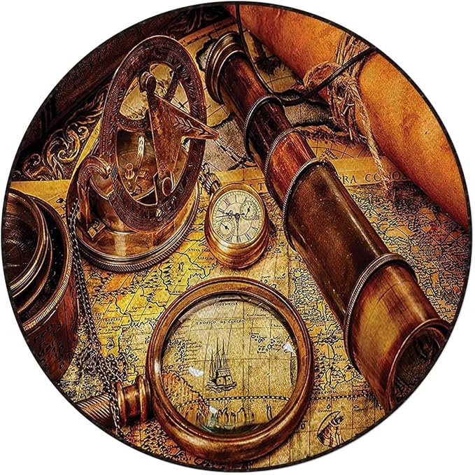 Nautical Office Home Chair Mat Gaming Computer Rolling Chair Mats Magnifying Glass Compass Telescope Old Map Round Chair Cushion Non-Slip Low-Pile Hardwood Floor Mats Antique Decor Diameter 36 in