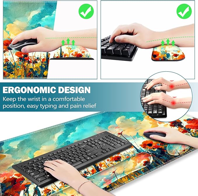 ARTSO Gaming Mouse Pad Wrist Support Set XXL Large Desk Mat Mousepad + Keyboard Wrist Support+ Mouse Wrist Rest+Coaster 4in1 Ergonomic Stitched Edge for Home Office -Oil Painting Flowers Plants