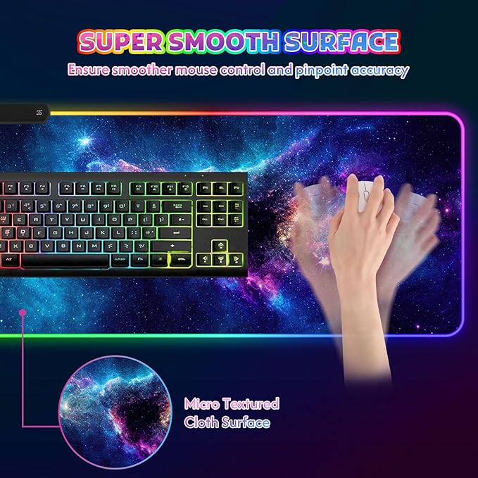 ToLuLu RGB Mouse Pad Gaming Large LED Mouse Pad with 14 Lights Modes 35.4 x 15.7 inches XXL Desk Mat for Keyboard and Mouse Extended Desk Pad Mat PC Gaming Mousepad Accessories（Blue Purple Galaxy