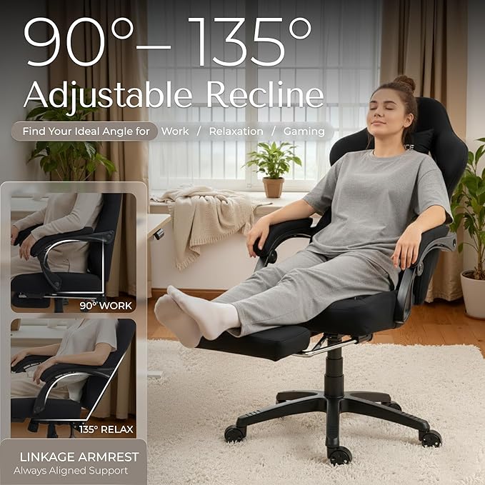 Gaming Chair Fabric with Pocket Spring Custion Ergonomic High Back Video Game Chair with Footrest Massage Lumbar Support Height Adjustable Comfy Computer Chair for Adults Game Office Onyx