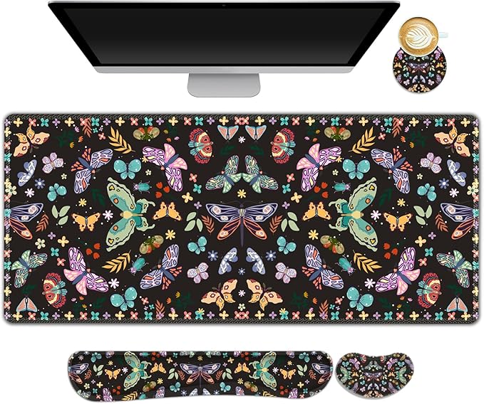 Desk Mat Pad Gaming Mouse Pad Wrist Support Set 4 in1 Non-Slip XXL Large Mousepad + Ergonomic Keyboard Wrist Rest+Mouse Wrist Rest+Coaster for Home Office Computer I Colorful Butterfly