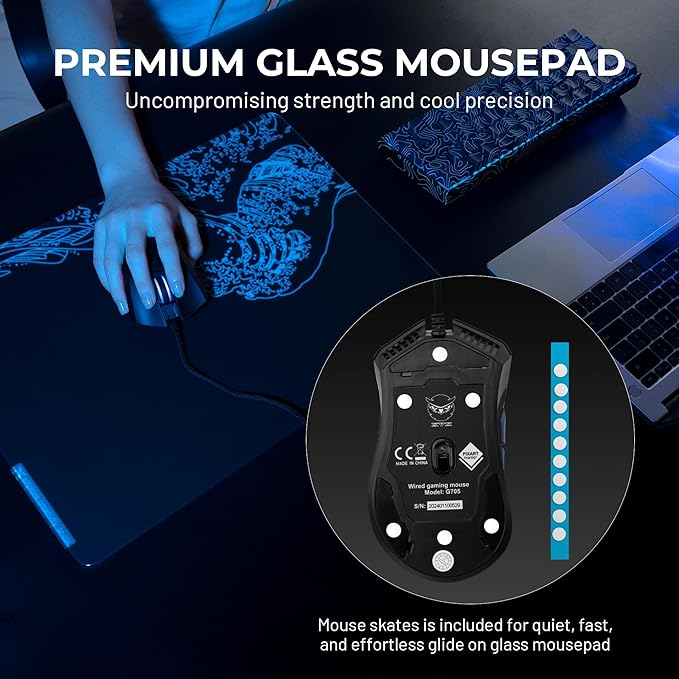 XVX Black Kanagawa Glass Mousepad 4.0 Hard Mouse Pad for Gaming Ultra-Smooth Micro-Etched Surface Mouse Mat with Non-Slip Rubber Base(410mm*310mm)