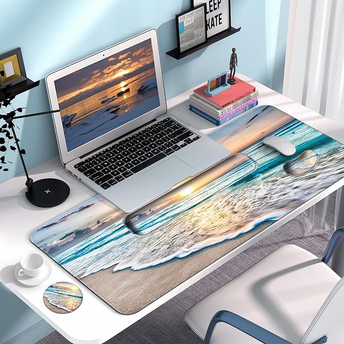 Keyboard Wrist Rest + Mouse Pad with Wrist Support + Desk Mat + Coaster 4 in 1 Set XXL Large Gaming Mousepad Cute Ergonomic Mouse Pads for Desk Computer Laptop Office Decor-Beach