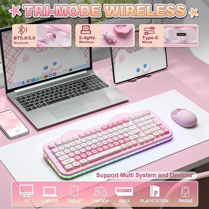YUNZII C98 Wireless Mechanical Keyboard with Number Pad99 Key BT5.0/2.4G/USB-C Hot Swap Gasket Mount with PBT MOA KeycapsCustom RGBCute Cake Keyboard for Win/Mac (Pink Candy Linear Switch)