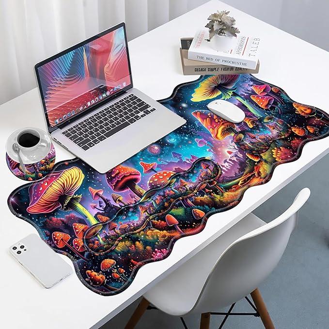XXL Gaming Mouse Pad Set 31.5x11.8 Large Desk Mat with Keyboard Wrist Rest and Mouse Wrist Cushion Ergonomic Office Mouse Pad for Home &amp Work Non-Slip Extended Desk Pad Beautiful Mushrooms