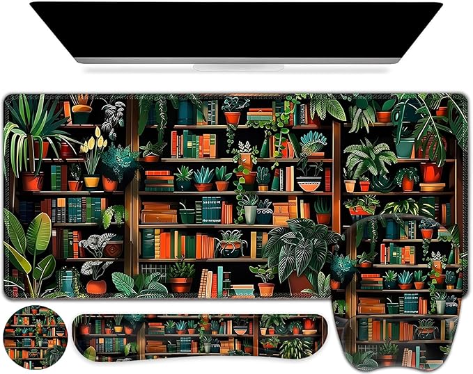 Mouse Pad with Wrist Support 4 in1 Set XXL Big Game Mousepad + Keyboard Wrist Rest + Mouse Wrist Rest Pad +Coaster Gaming Mat for Home Office Work Computer Laptop PC I Green Vine Book Forest