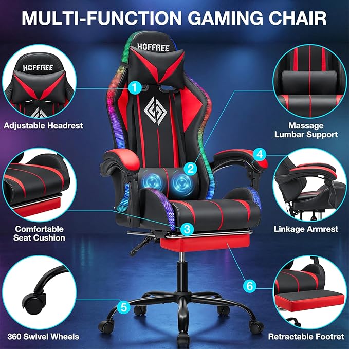 RGB Gaming Chair Massage with LED Lights and Footrest Ergonomic Computer Gaming Chair with High Back Video Game Chair with Adjustable Lumbar Support Red and Black