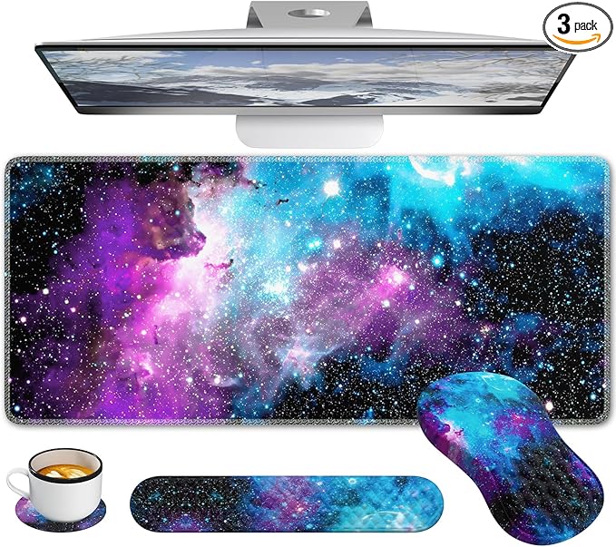 Desk Mat with Wrist Support Desk Pad for Keyboard and Mouse Purple Desk Mat Keyboard Pad and Mouse Pad Combo Carpal Tunnel Mousepad Gaming for Office Galaxy Space Purple Nebula