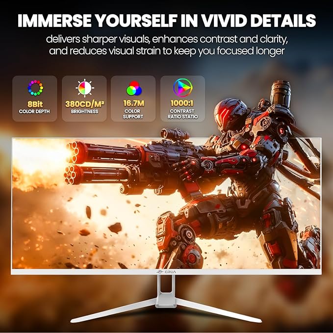 CRUA 34'' White Gaming Monitor 165HZ/144HZ WQHD(3440x1440P) IPS UltraWide Screen Computer Monitors with Built-in Speakers Supports FreeSync 120% sRGB HDMI 2.0 &amp DP 1.4 Wall Mountable Install