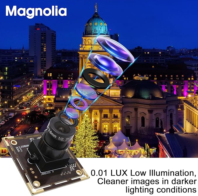 Magnolia 1080P USB Camera Module Low Light No Distortion Lightburn Camera IMX323 Sensor 84 Degree Mini Webcam Board with Microphone Plug &amp Play for Windows/Linux/Android/Mac/Raspberry Pi