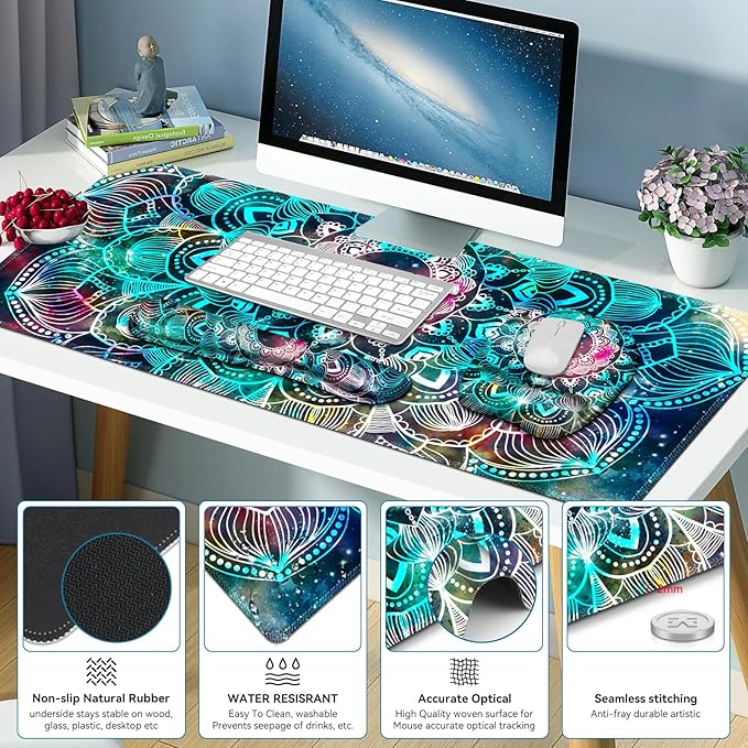 Large Mouse Pad with Wrist Support 4 in1 Set XXL Big Game Mousepad + Keyboard Wrist Rest+Mouse Wrist Rest+Coaster Ergonomic Gaming Mat for Home Office Table Computer I Nice Green Mandala