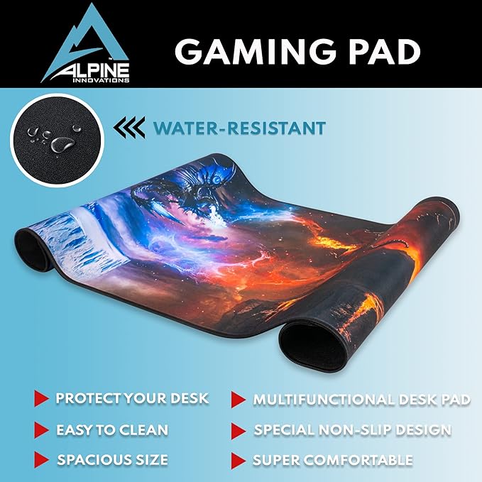 Alpine Innovations Surface Mat with Stitched Edges | Giant Mouse Pad 16” x 33” | Durable Non-Slip Rubber Base | Computer Keyboard Pad for Desktops | Dragons