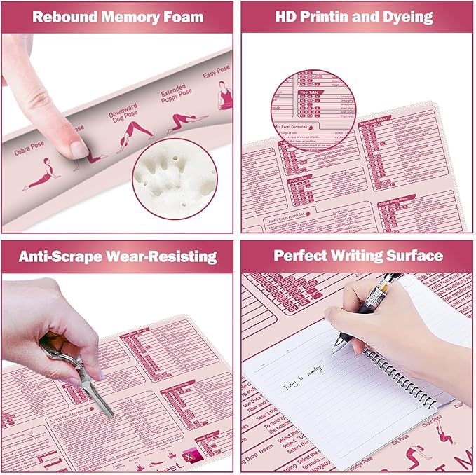 ARTSO Excel Shortcut Keys Mouse Pad Set Extended Large XL Cheat Sheet Gaming Mousepad with Wrist Rest Support Non-Slip Stitched Edge Keyboard Mat Pink