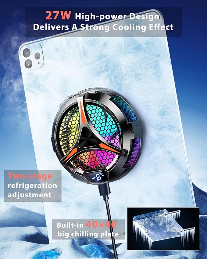 iPad Cooler zooparty Magnetic Tablet Cooler for ipad/Surface pro/Samsung Tab/Steam DeckMagsafe CompatibleIpad Cooling Fan with Temperature Display for Mobile GamingTiktok Live Streaming Black
