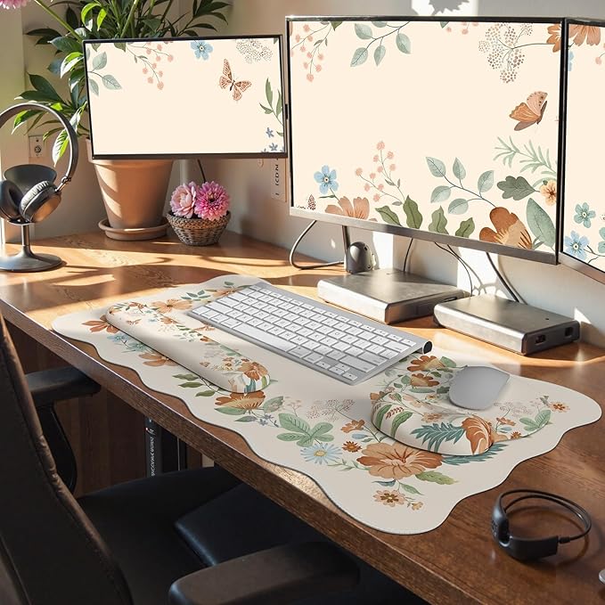 Scalloped Office Desk Cover Mat+Keyboard Wrist Rest+Mouse Wrist Rest+Coaster SetScalloped Desktop mat for Teacher Desk CoverPastel Home Office Essentials