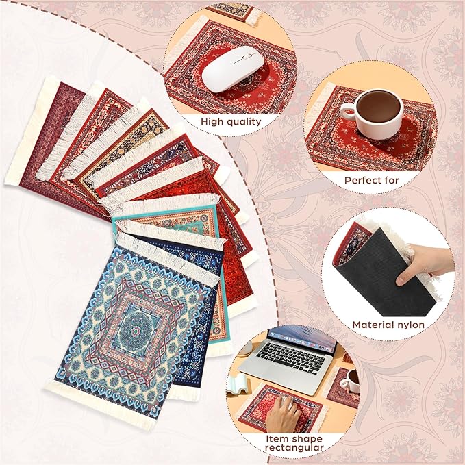 Kanayu 8 Pcs Persian Style Carpet Rug Mouse Pad Vintage Oriental Floral Mouse Pad Woven Rug Graduation Gift with Non Slip Rubber Base for Computer Laptop Desktop Table Decor(Floral)