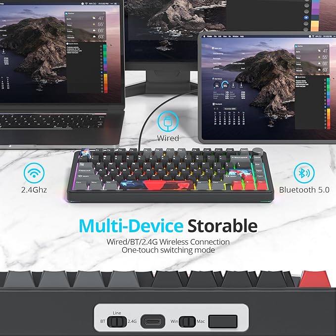 Fogruaden M75 Wireless Creamy 75% Mechanical Gaming Keyboard Hot Swappable Custom RGB Backlit Gasket Pre-lubed Linear White Switches Bluetooth/2.4GHz/USB-C Five-Layer Pad&ampKnob
