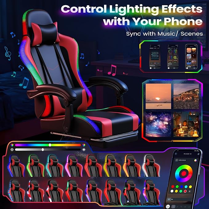 Homall Gaming Chair Video Game Chair with Footrest and Massage Lumbar Support Ergonomic Computer Chair Height Adjustable with Swivel Seat and Headrest (RGB Red)