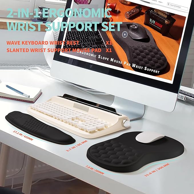 2-in-1 Ergonomic Set Wave Rise Keyboard Wrist Rest and Massage Bulge Slope Mouse Pad Wrist Support Cushion Memory Foam Integrated to Relieve Wrist Pain Black