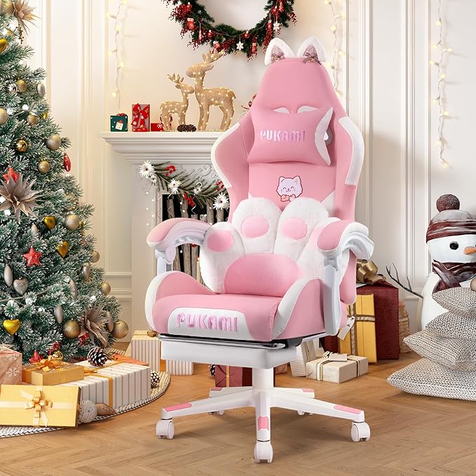 VITESSE Pink Gaming Chair for Girl with Cat Paw Lumbar Cushion and Cat EarsErgonomic Computer Chair for Girl with Footrest and Headrest Comfortable Reclining PC Game Chair for AdultKid (White)