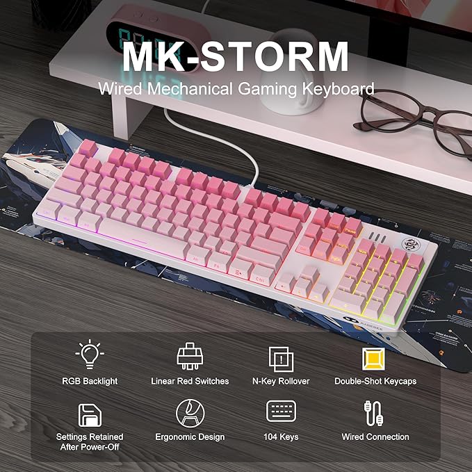 MageGee MK-Storm Mechanical Gaming Keyboard 104 Keys Wired Light Up Keyboard with Linear Red Switch RGB Backlit Side-Printed Keycaps N-Key Rollover for Laptop Desktop PC (Gradient Pink)